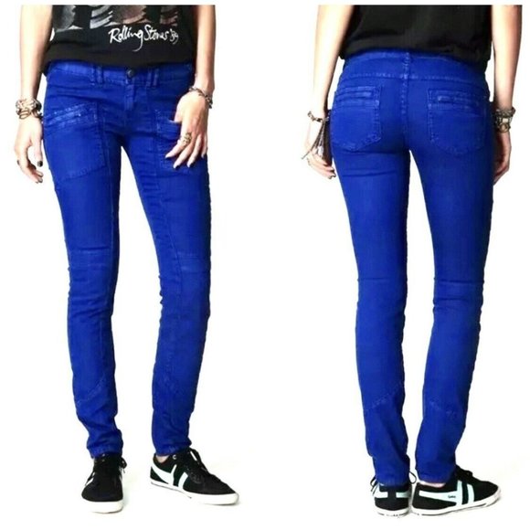 Free People Cobalt Blue Skinny Moto Utility Jeans 25 Zippered Pockets - Picture 1 of 7